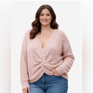 Plus Size Pink Pearl Twist Front Sweater